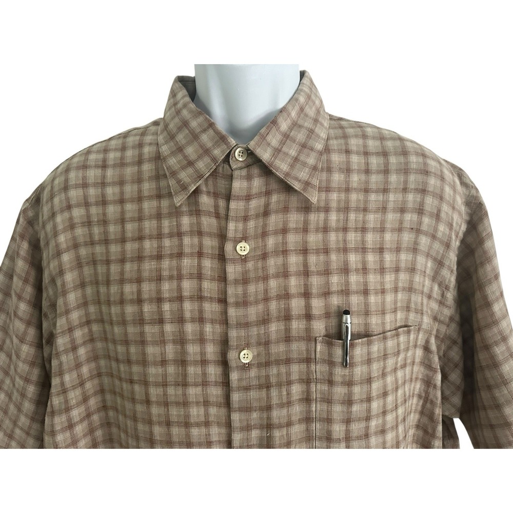 Tasso Elba Island Men Shirt Camp L Tan Plaid Linen Classic Summer